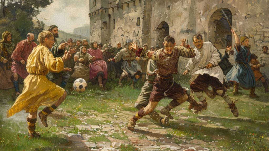 painting of medieval people playing soccer