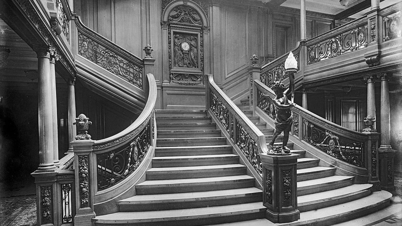 The Forward First Class Grand Staircase of Titanic's sister ship RMS Olympic. Titanic's staircase will have looked nearly identical.