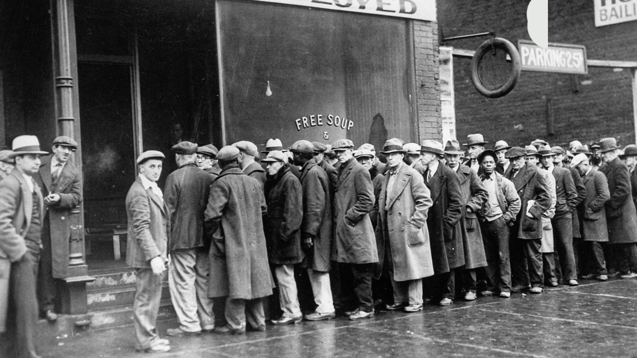 Unemployed men standing in line during the Great Depression