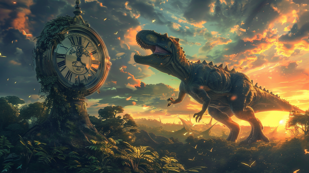 dinosaur roaring at a clock