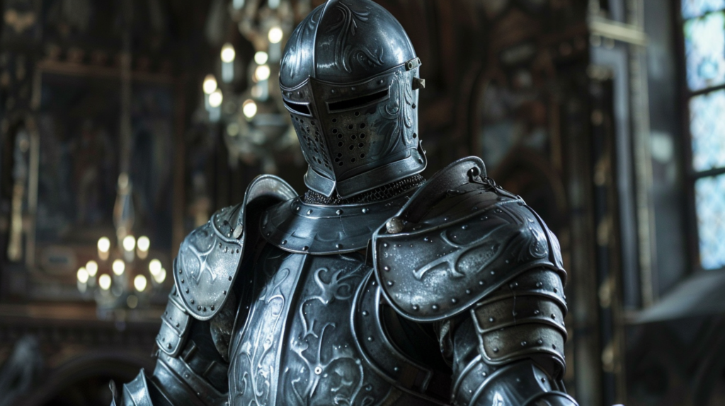 A knight wearing a full suit of armor.