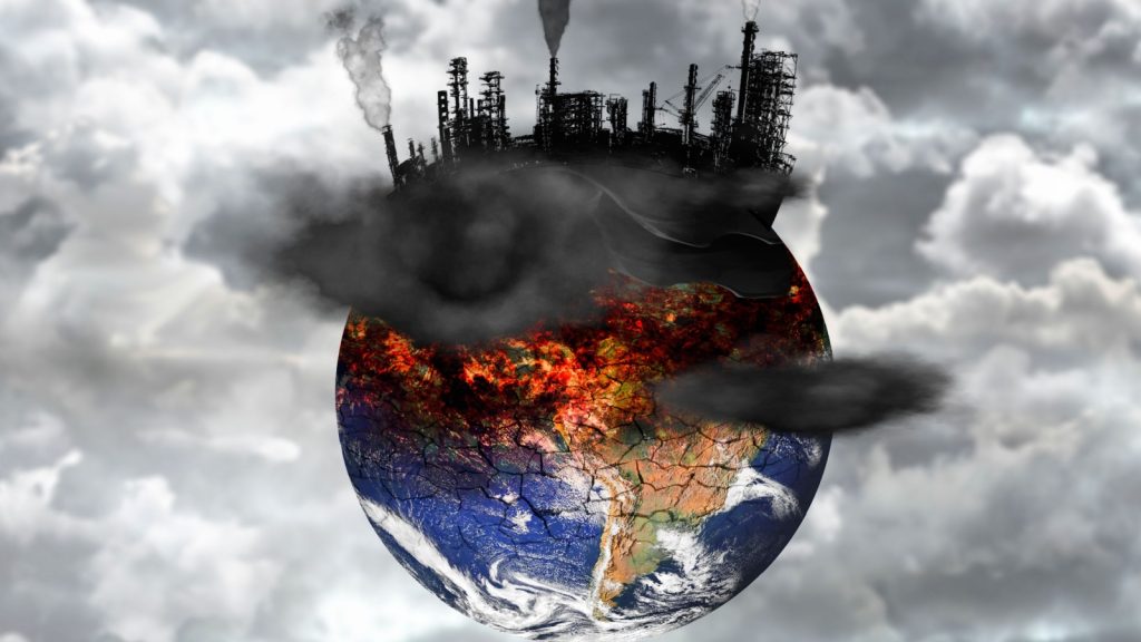 Earth destroyed by pollution. Global catastrophe concept (greenhouse effect, global warming are destroying our planet). heat death of the universe