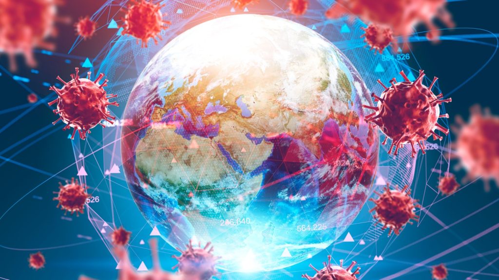 Flu ncov coronavirus over Earth background and its blurry hologram. Concept of cure search and spreading disease. 3d rendering toned image. Elements of this image furnished by NASA