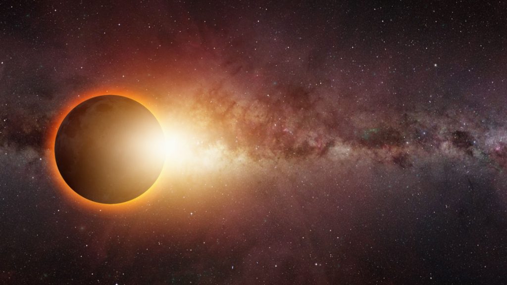 Solar Eclipse with Milky way galaxy in the background "Elements of this image furnished by NASA " Solar Flare