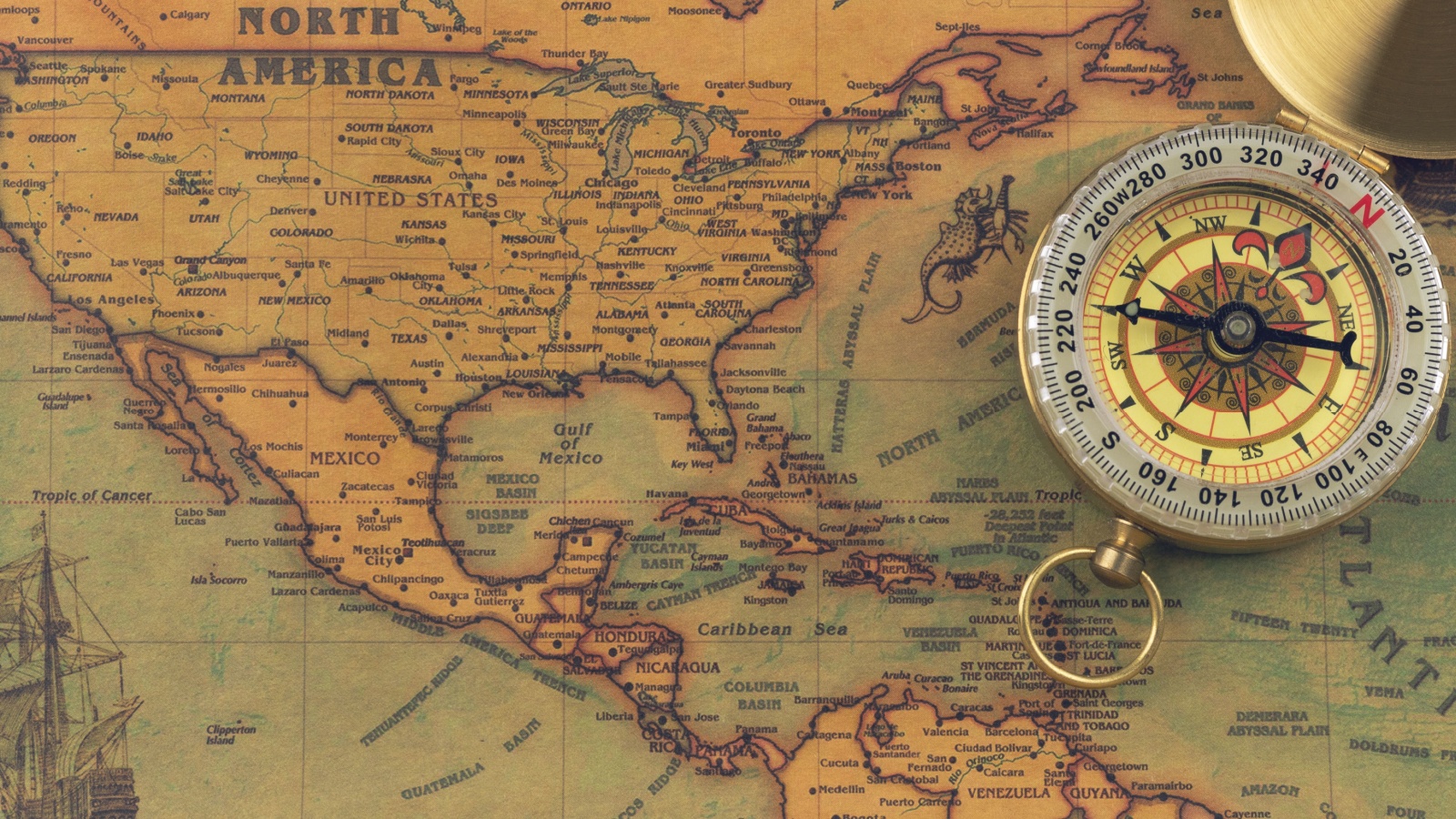 Vintage world map with compass. North America