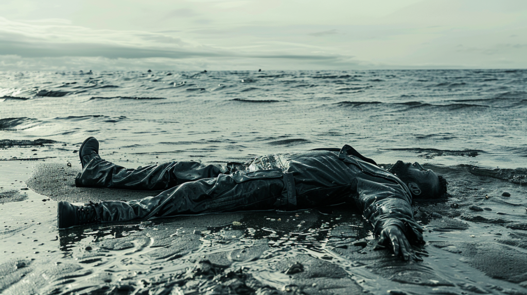 drowned man laying on the shore