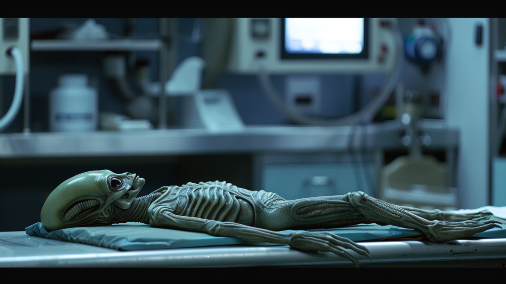 alien laying on a laboratory table