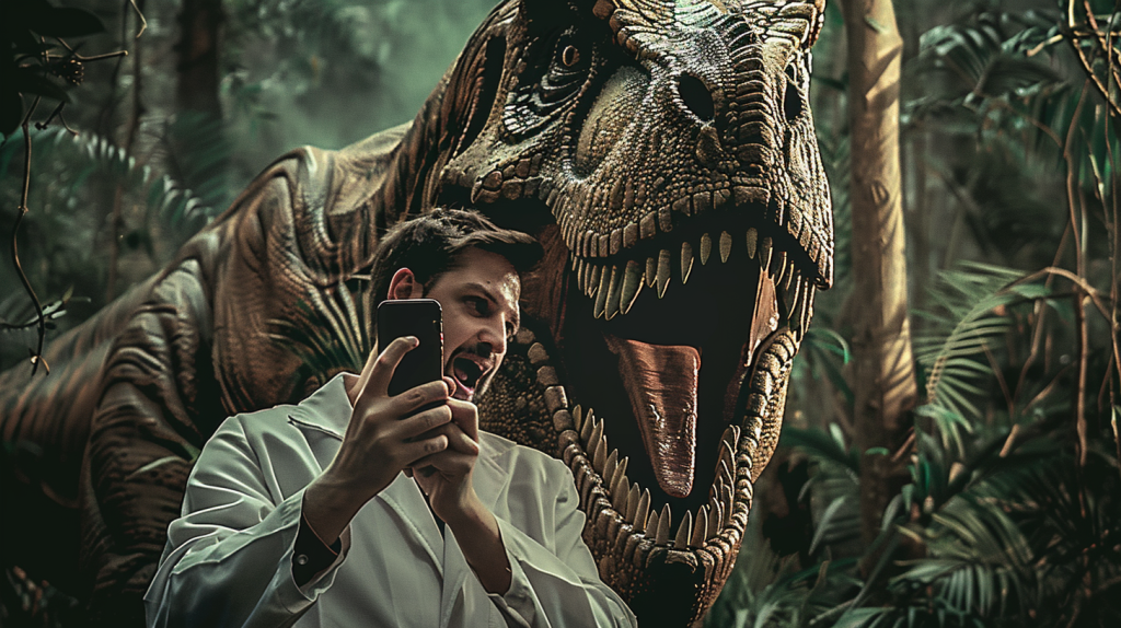 scientist taking a selfi with a t. rex