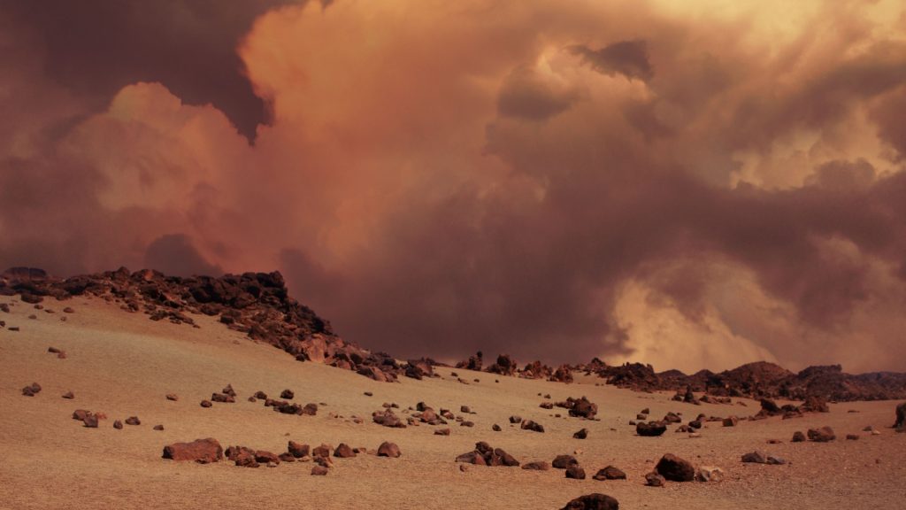 Illustration of a vast dust storm approaching on rocky Planet Mars landscape