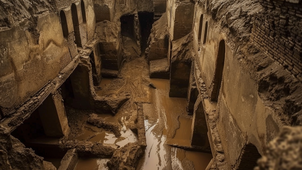 many buildings have hidden lower levels that were buried by the mud flood.