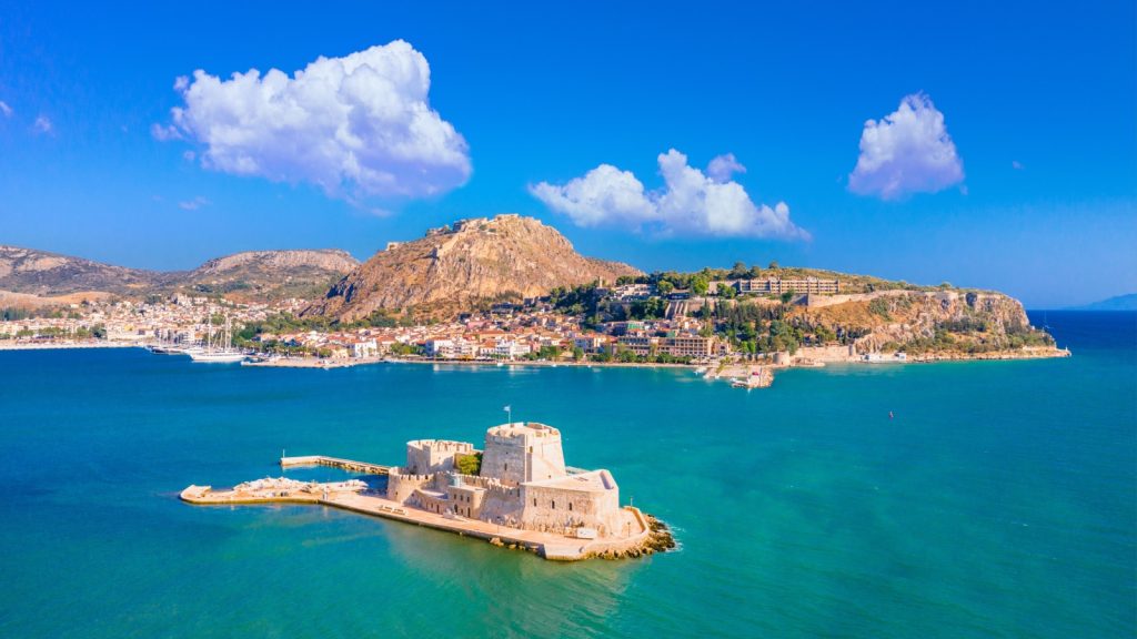 The Bourtzi water castle is a small island with a fortress at the coast of Nafplio in Greece