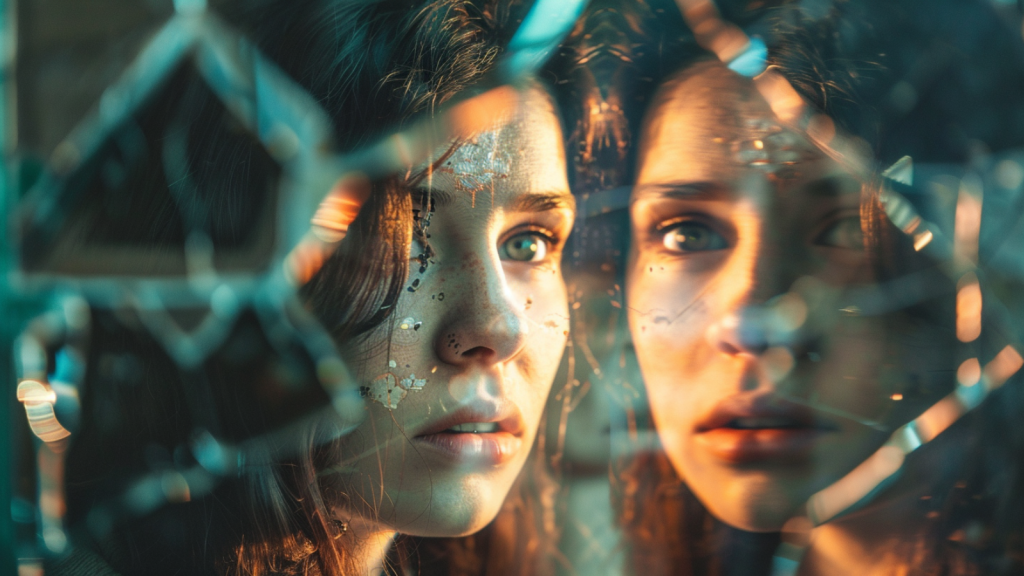 woman looking in a broken mirror