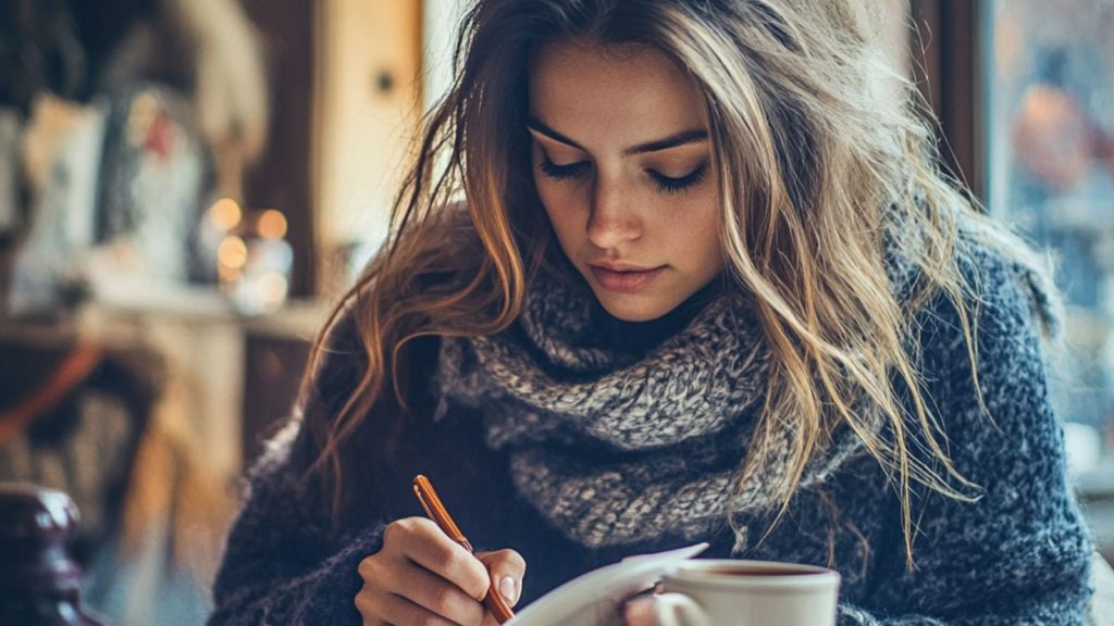 Lady-holding-a-pen-in-a-coffee-shop