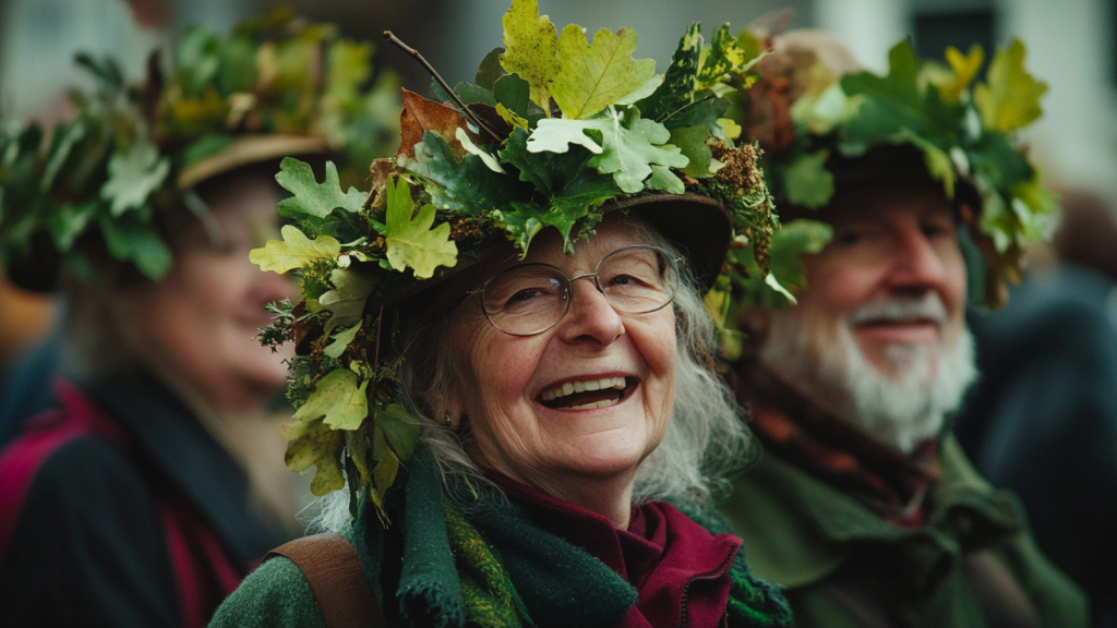 people wearing oak sprigs to celebrate the british holiday Shick Shack Day