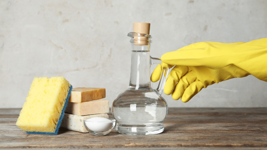 Person wearing gloves holding a bottle of vinegar