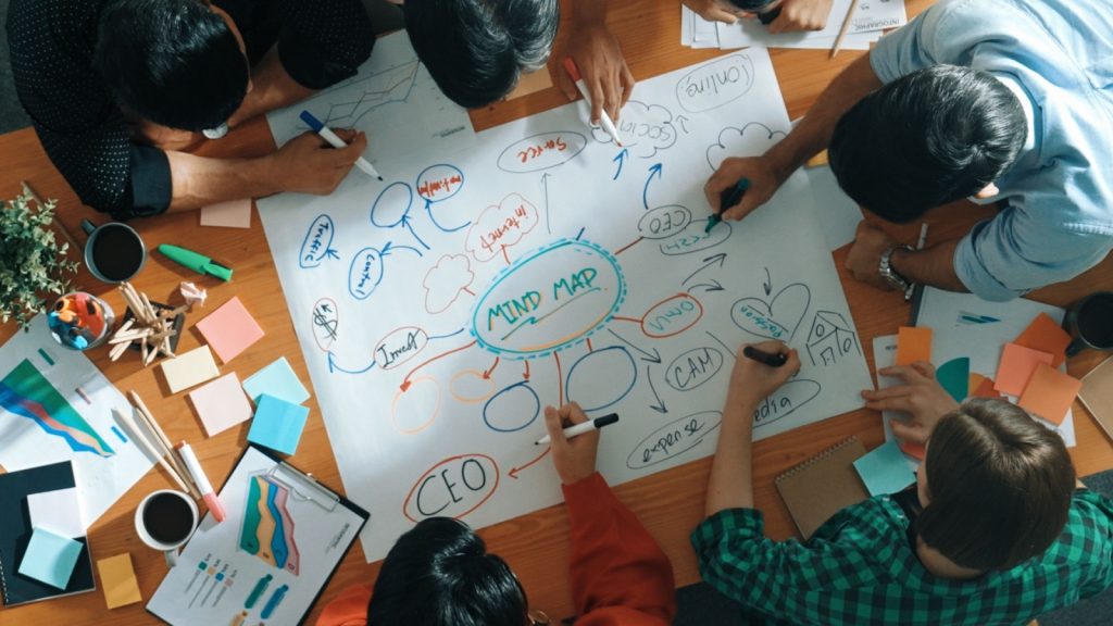 a group of people creating a mind map