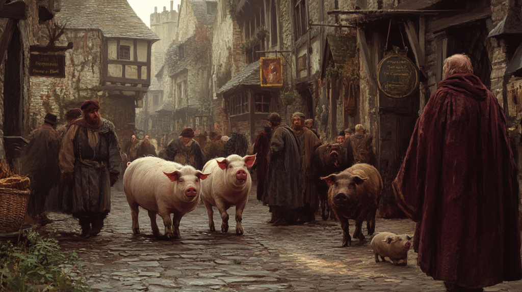 pigs roaming the streets during Medieval England
