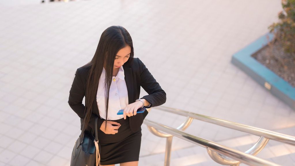 A woman arriving early at work