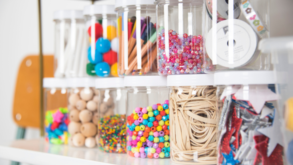 Children craft school room organization styled on white