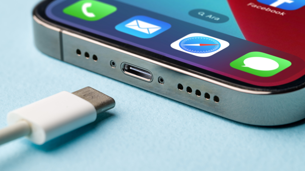 Close up view of a charger and a smartphone charging port