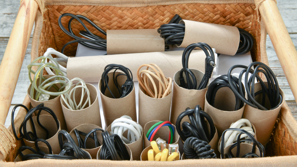 Organize cables using toilet paper roll or towel roll