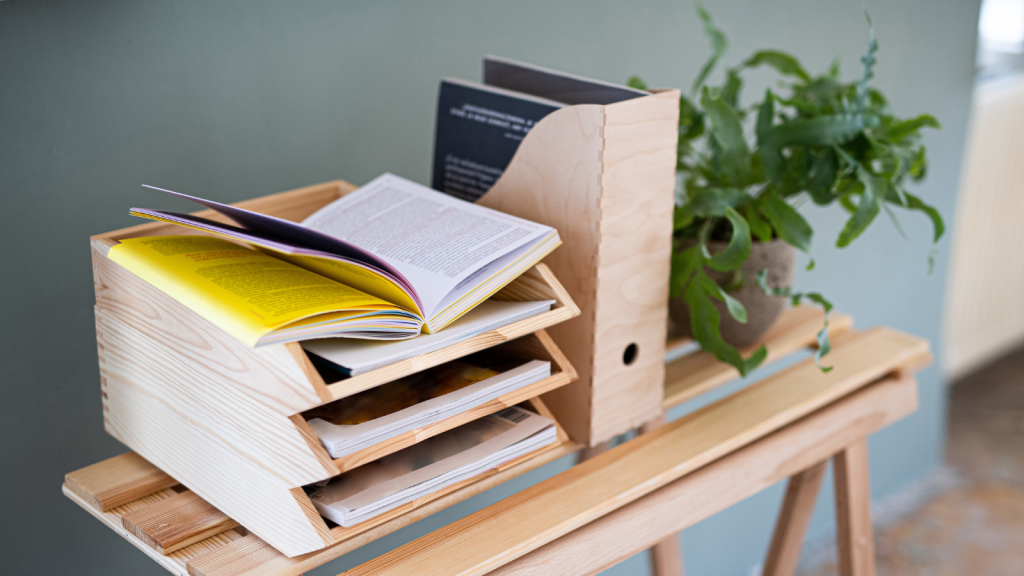 Paper and document wooden tray holders and organisers on desk