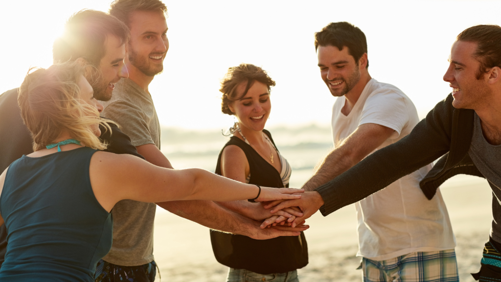 People hands together for team building