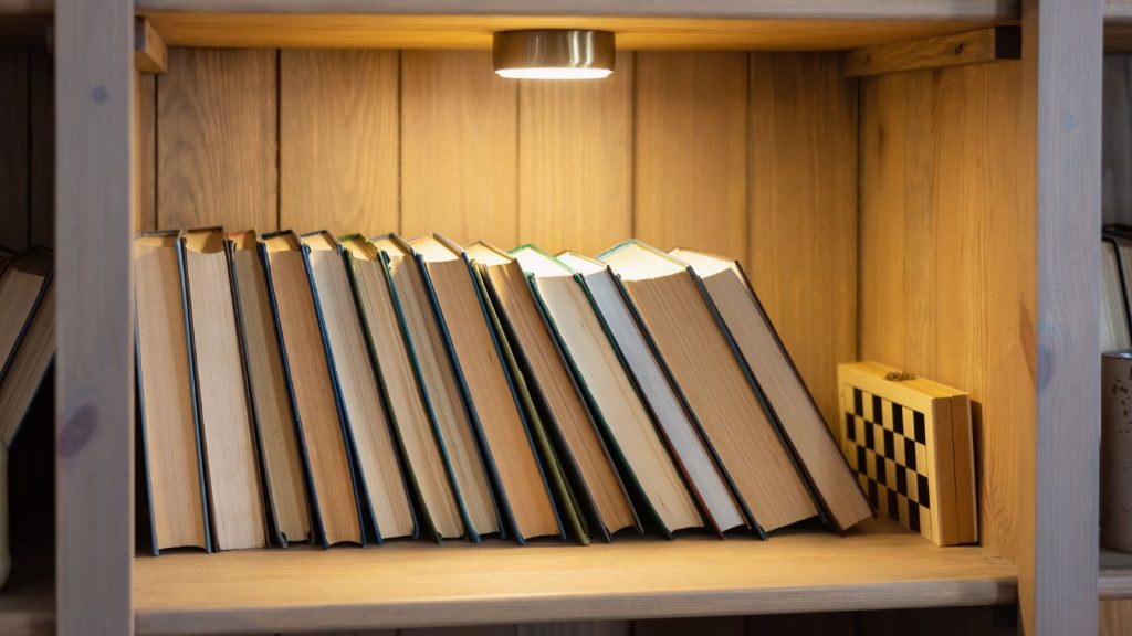 Shelf with old books in the bookcase lit by a battery operated light