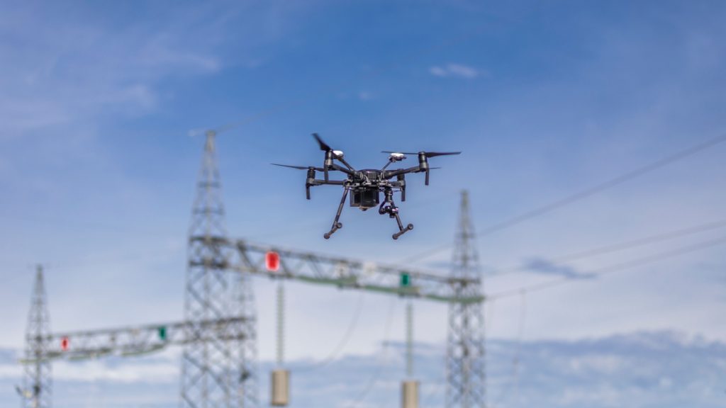 drone flying and working for ortophoto and thermal analysis of HV lines and PV plants with visual and thermal camera