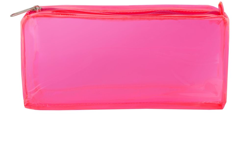 a pink clear pencil case on a white background