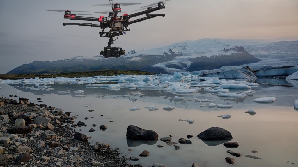 a drone with raised landing gears and a camera flying over icebergs with a glacier in the background