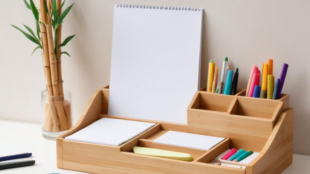 Wooden desk organizer with stationery