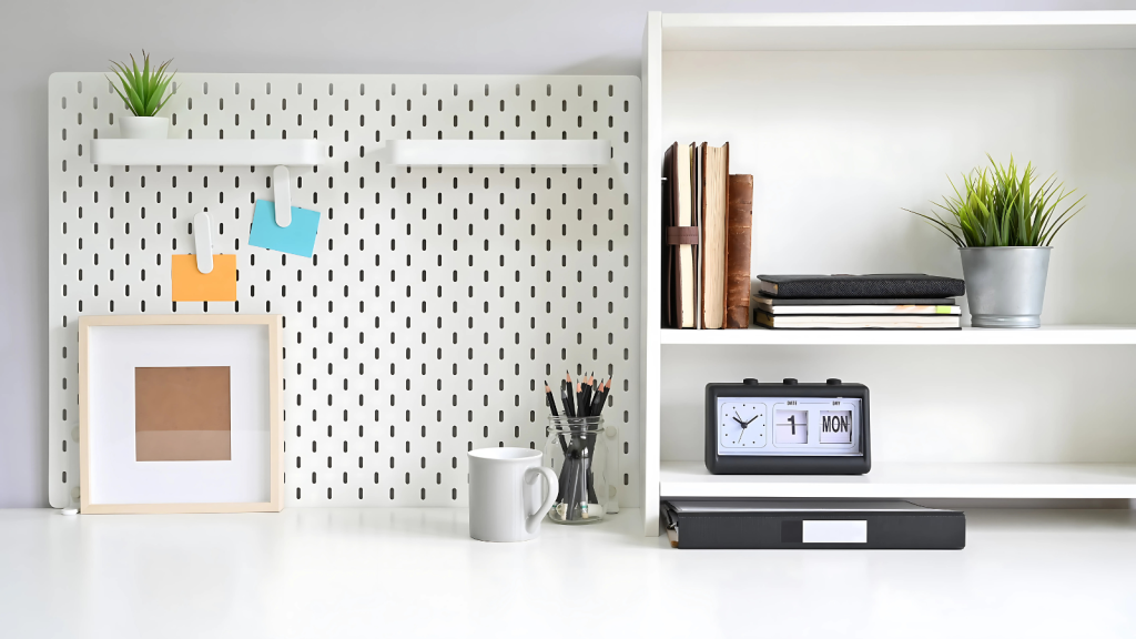 Shelf and peg board on desk