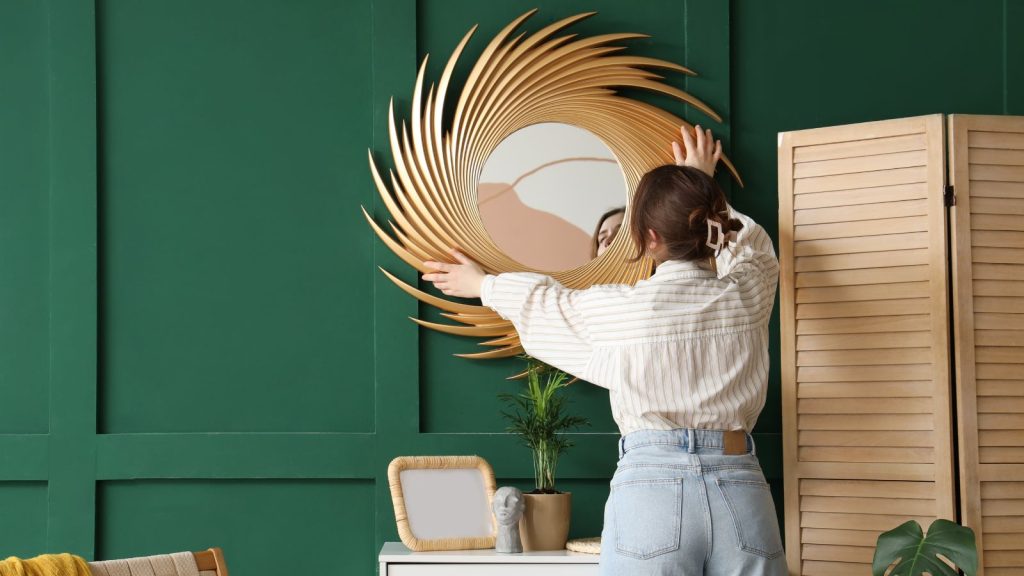 Woman hanging golden mirror on green wall in living room