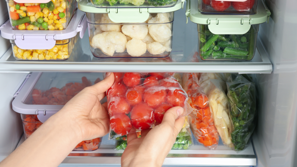 Woman taking plastic bag with frozen tomatoes from refrigerator