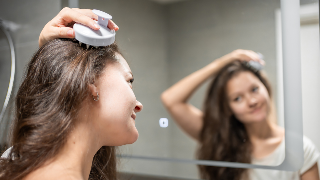 Young woman doing self hair scalp massage with scalp massager