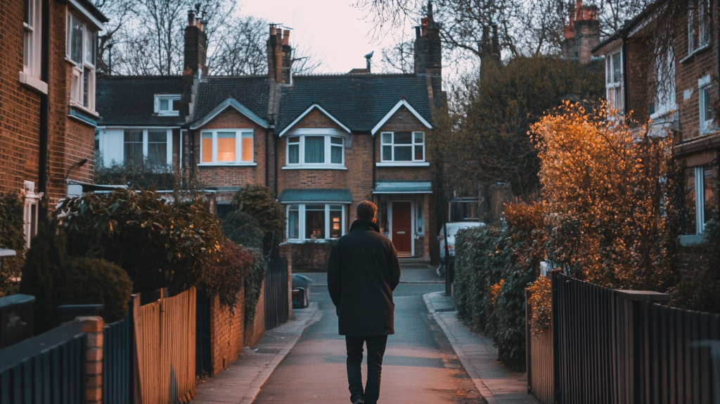 an introvert person avoiding conversation outside his house in a British neighborhood