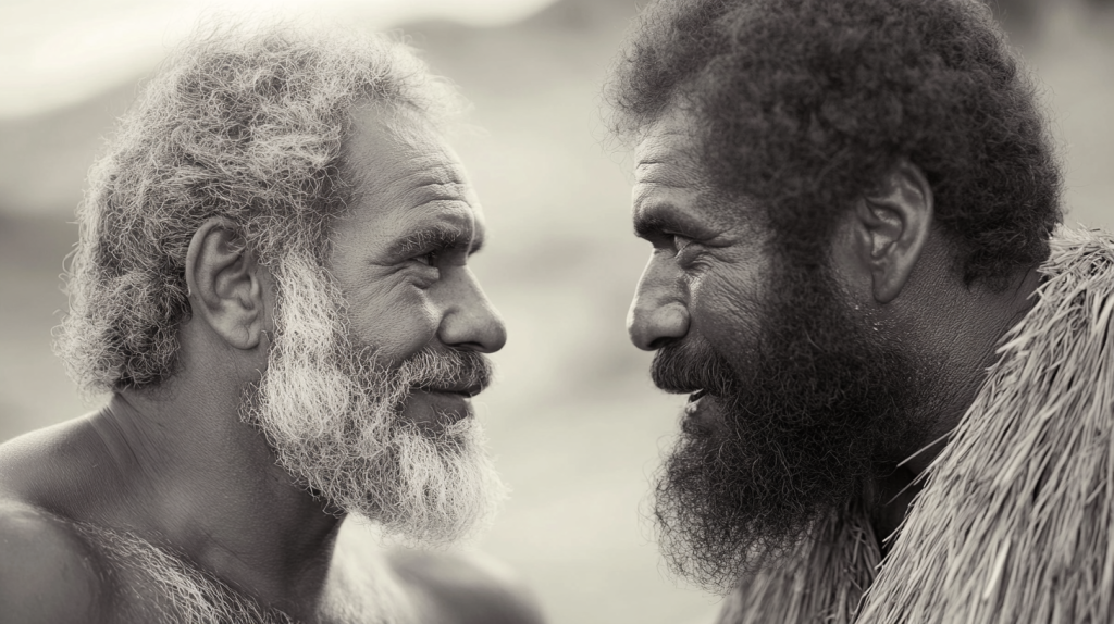 prehistoric humans of different cultures learning from one another
