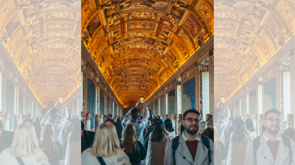 guy in the center using cellphone to take photos inside the Sistine Chapel