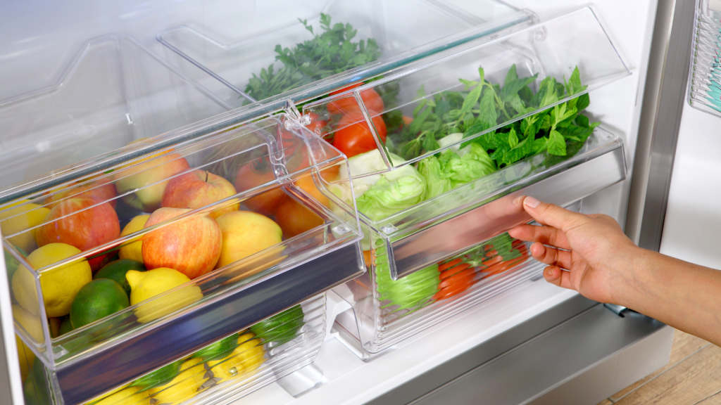 refrigerator veggies filled with vegetables and fruits