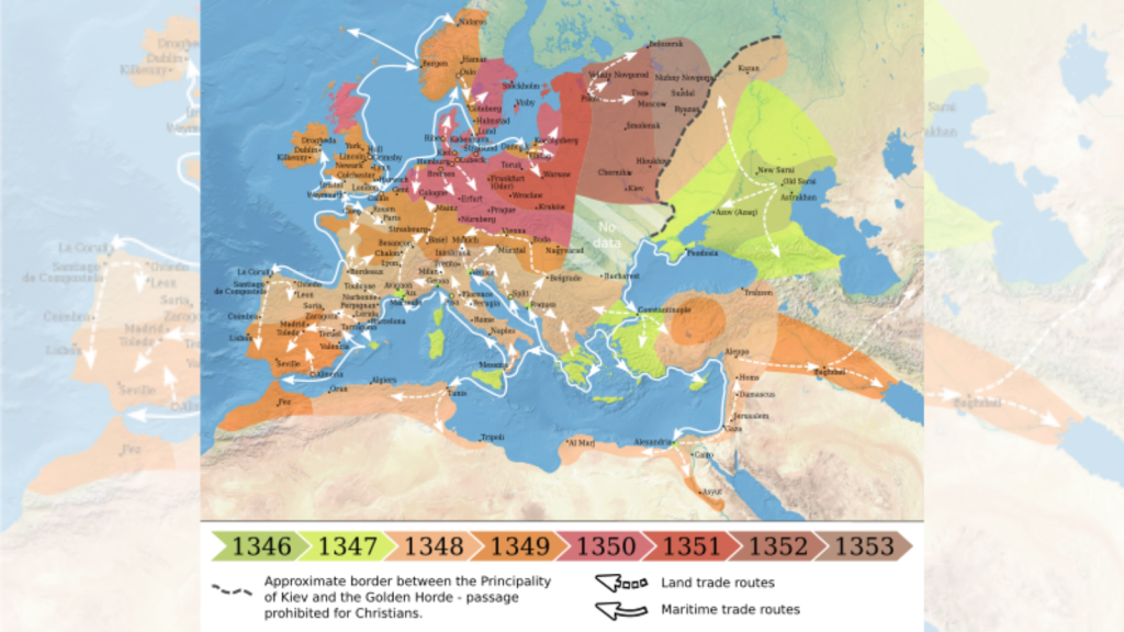 Map showing the spread of the Black Death in Europe between 1346 and 1353