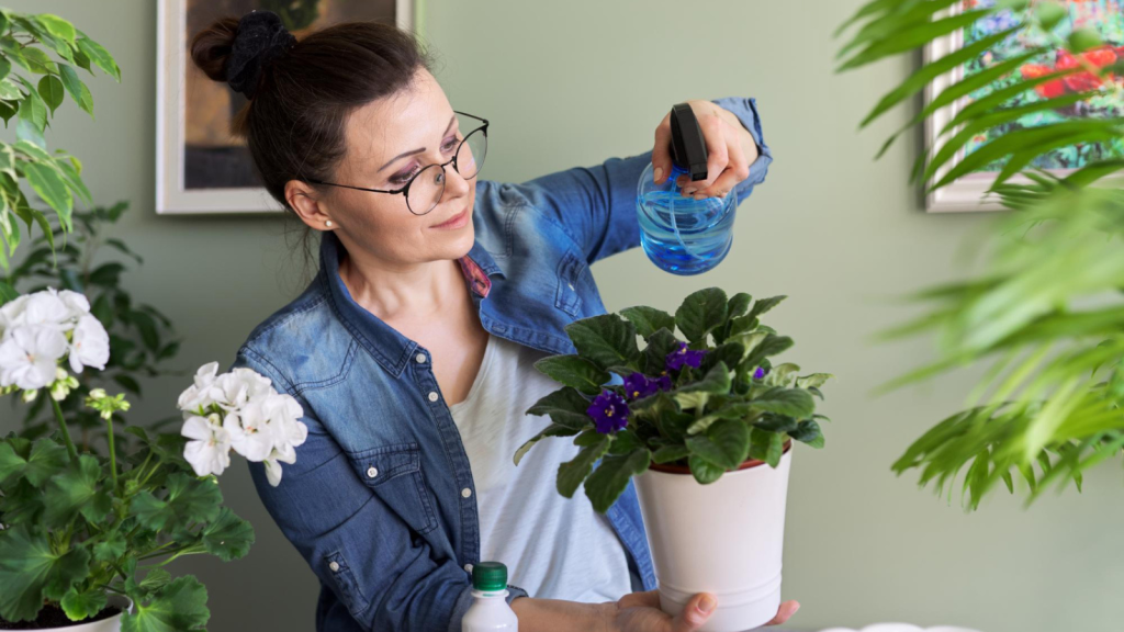 Woman with home plants in pots