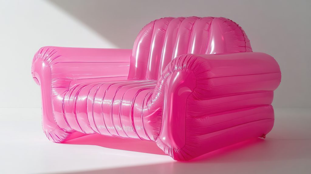 a pink inflatable armchair sitting on a white background