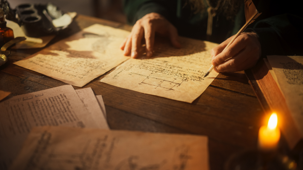 Close Up on Old Renaissance Male Hand Using Ink and Quill to Draw a Blueprint for a New Invention