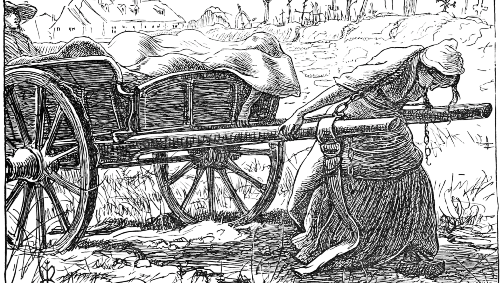 a woman carrying the carriage, burying the plague victims at Elliant