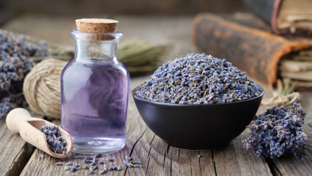 Dry lavender flowers in bowl and bottle of essential lavender oil