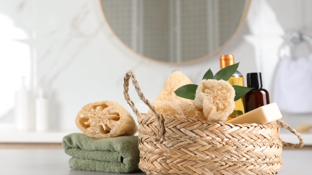 spa products inside a woven basket on a table