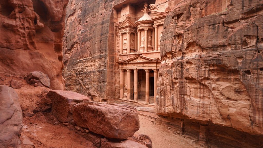 Front of Al-Khazneh carved in stone wall in Petra