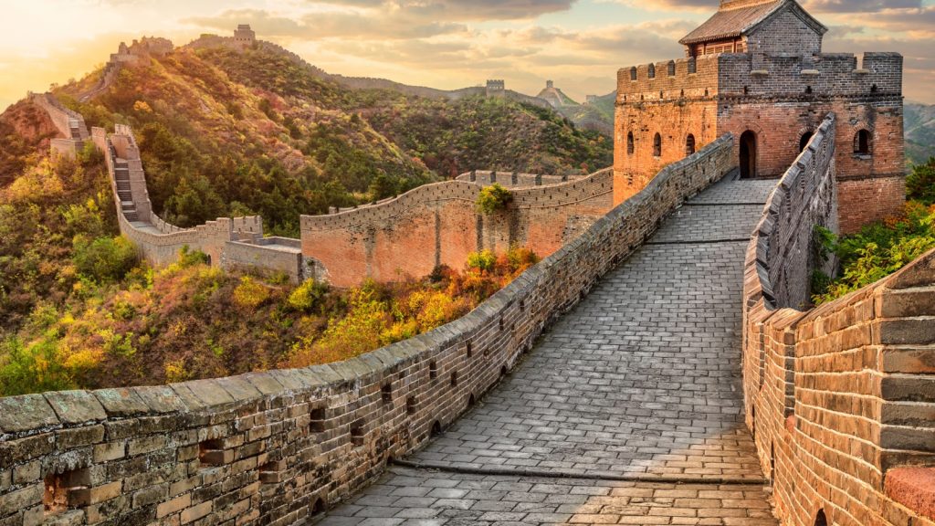 great wall of china section in sunset