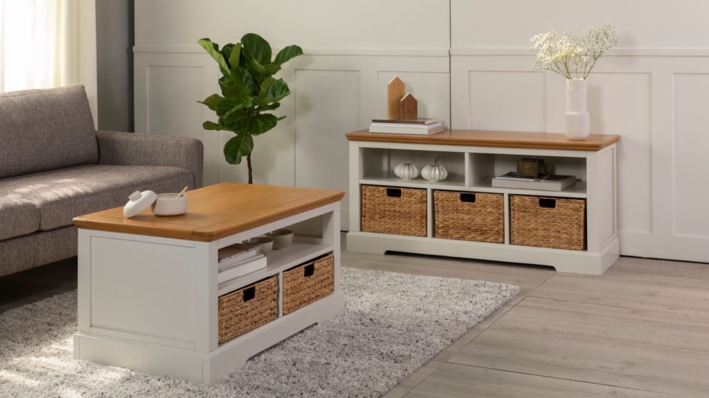 a coffee table with storage in the middle of a living room